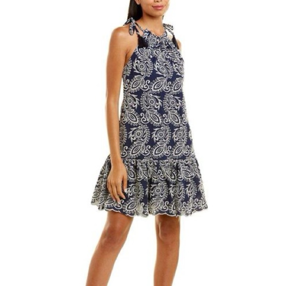 TAYLOR BLUE EMBROIDERED TASSEL TIE DRESS